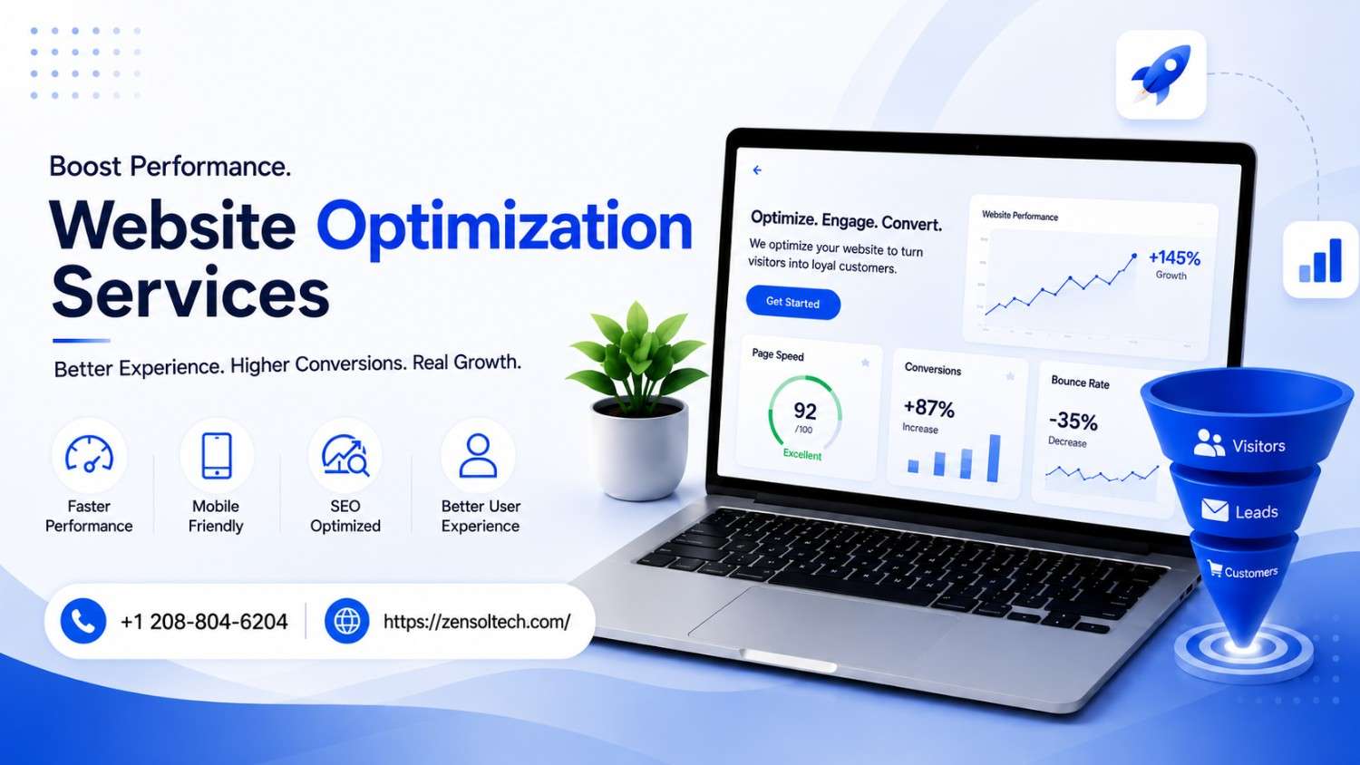 Website optimization services dashboard showing improved website performance, SEO, user experience, and conversion growth